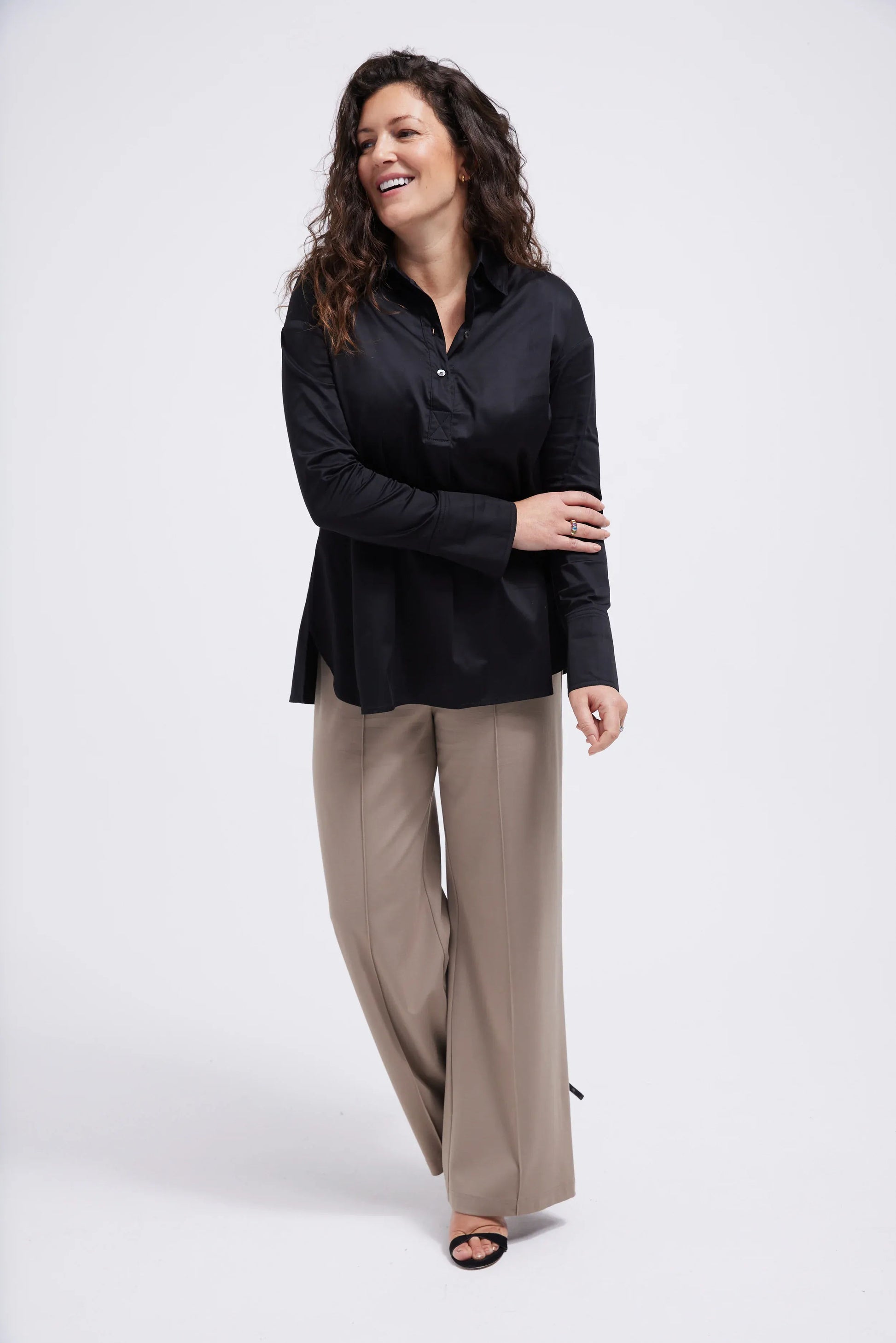 Women's  Poplin Stretch Shirt A-Line Turn Back Cuff