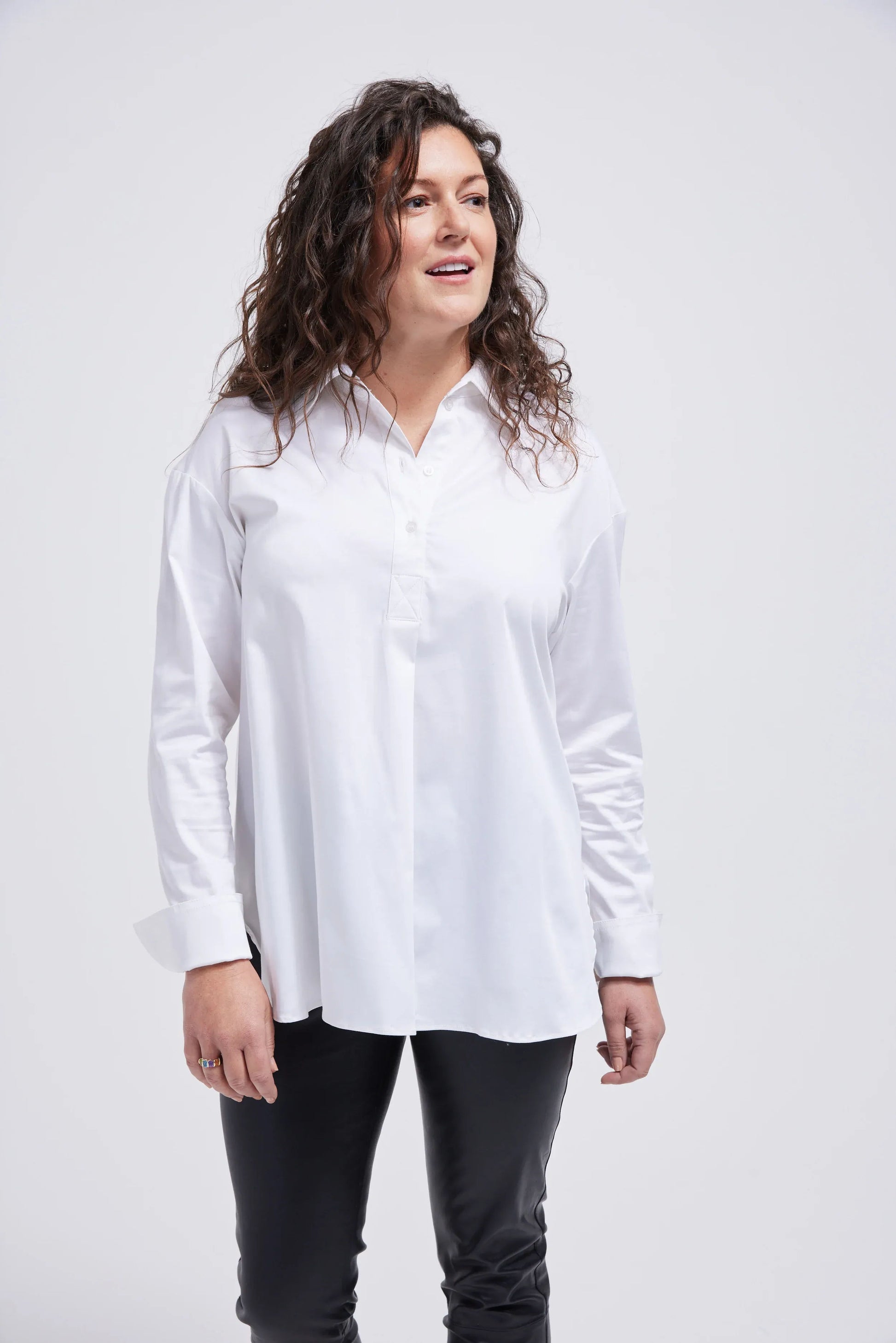 Women's  Poplin Stretch Shirt A-Line Turn Back Cuff